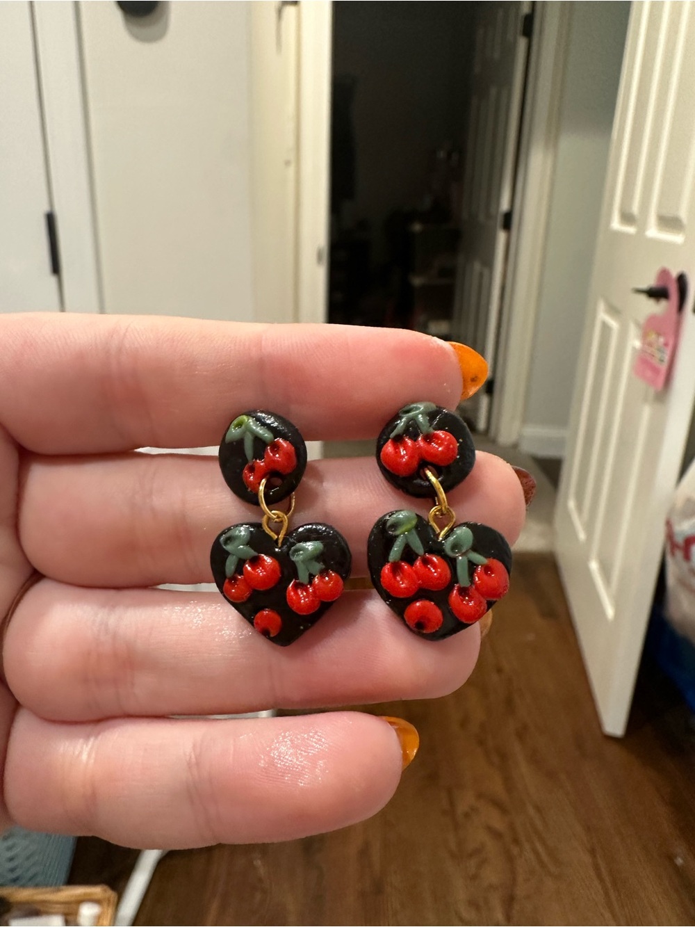 Cherry Heart Drop Earrings — Black and Red